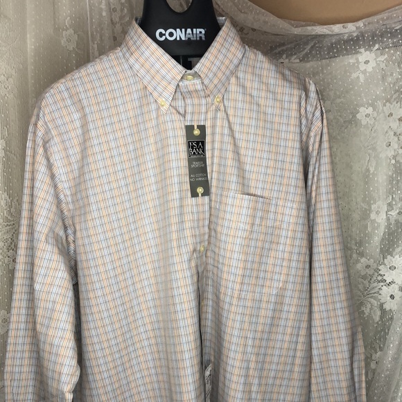 NWT Jos A Bank Shirt Men's Size Large Blue Peach Plaid Button Front Long Sleeve - Picture 2 of 12